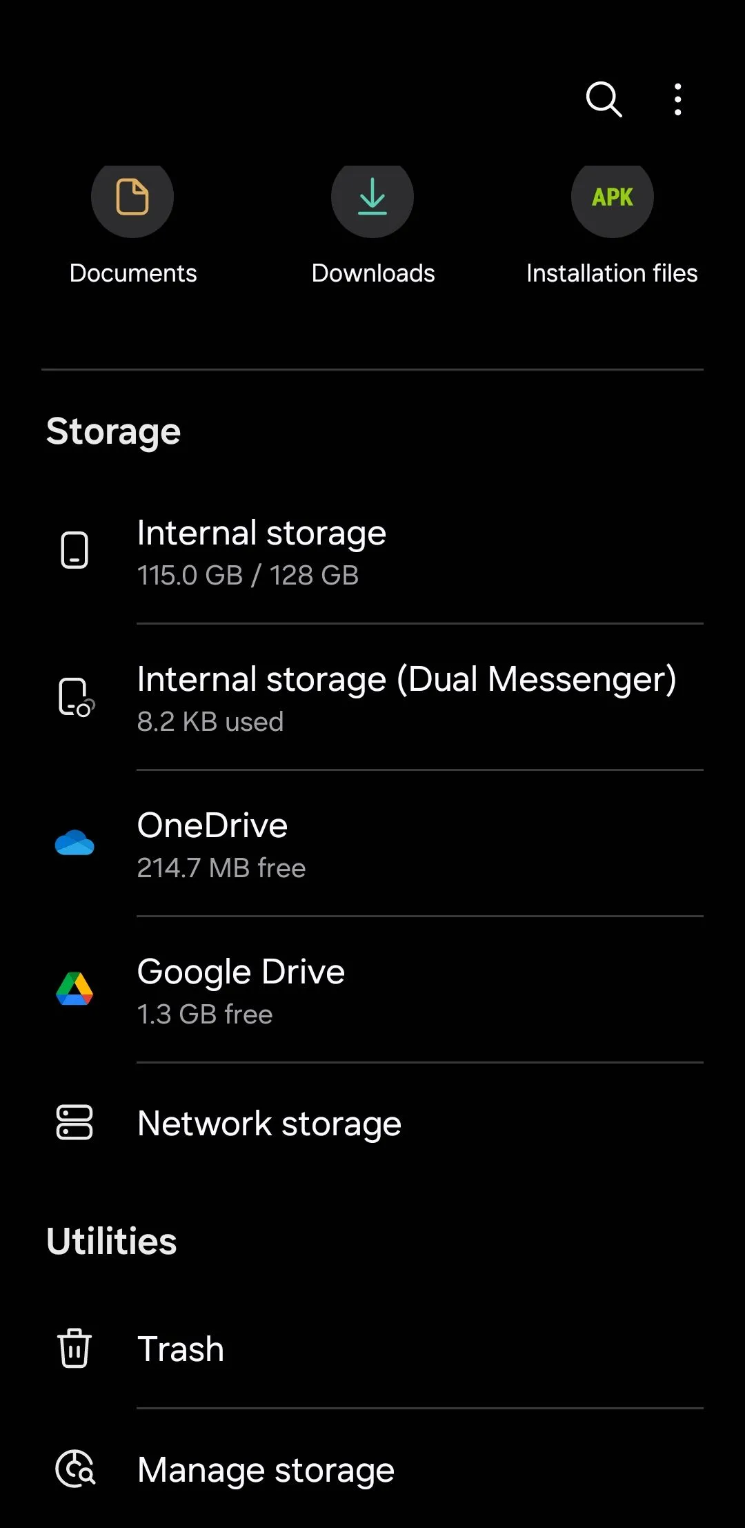 Giao diện chính của ứng dụng Quản lý tệp Samsung (Samsung Files)