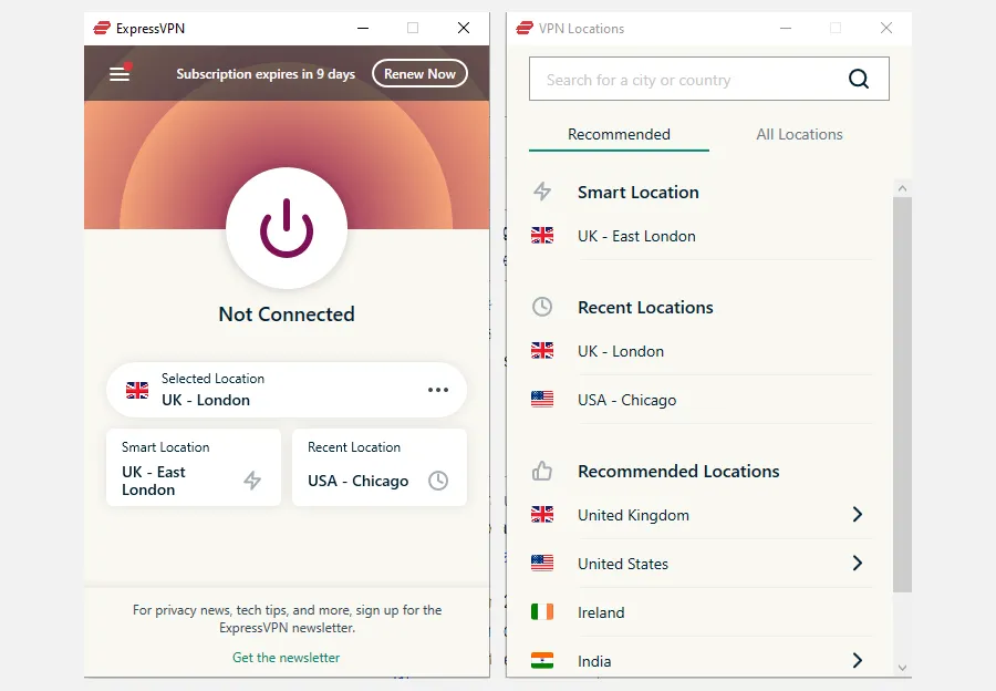 Giao diện chính ExpressVPN với danh sách vị trí máy chủ để bảo vệ eSIM
