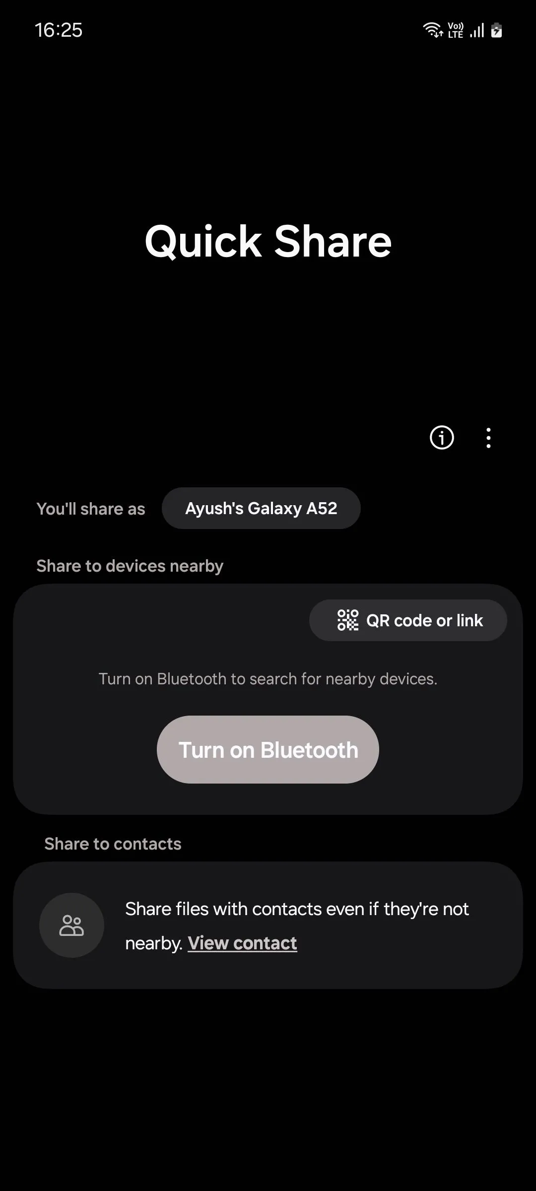 Giao diện chính Quick Share trên điện thoại Samsung Galaxy hiển thị các tùy chọn chia sẻ file
