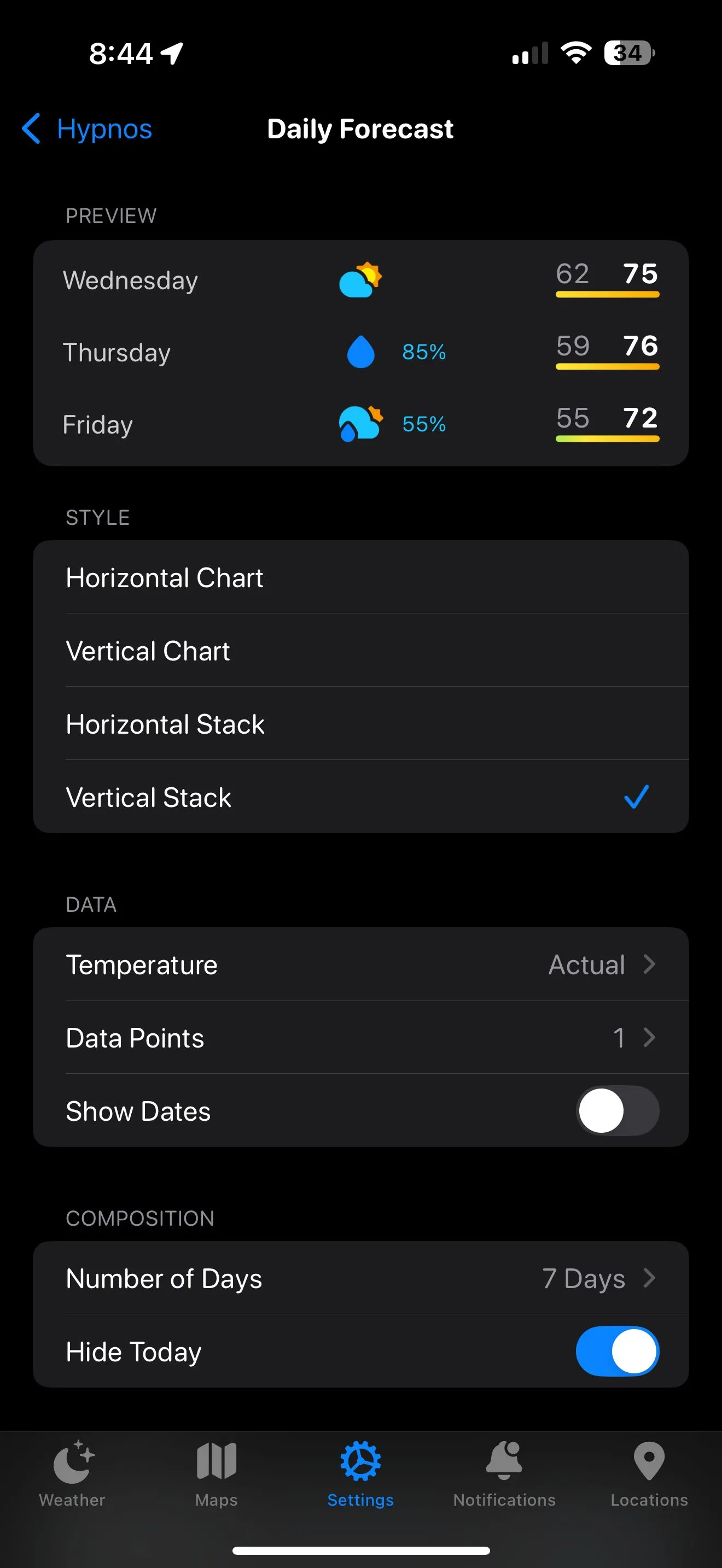 Giao diện chỉnh sửa các thành phần và dữ liệu trong bố cục Carrot Weather trên iPhone