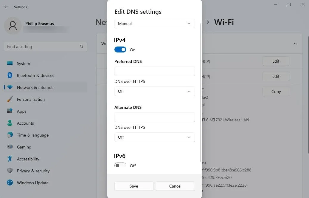Giao diện chỉnh sửa cài đặt DNS để bật DNS Over HTTPS