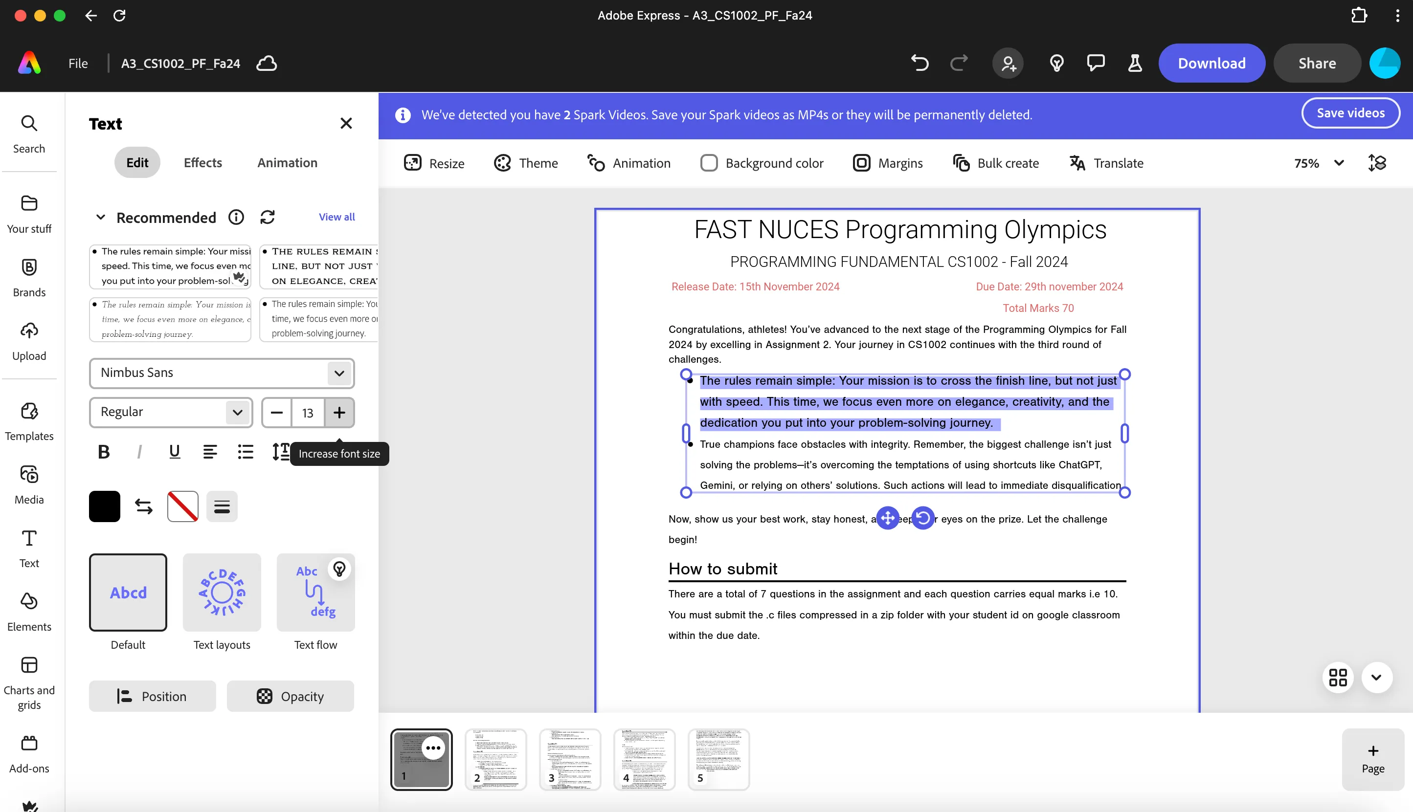 Giao diện chỉnh sửa một tệp PDF trực tiếp trên Adobe Express, cho phép điều chỉnh nội dung và bố cục