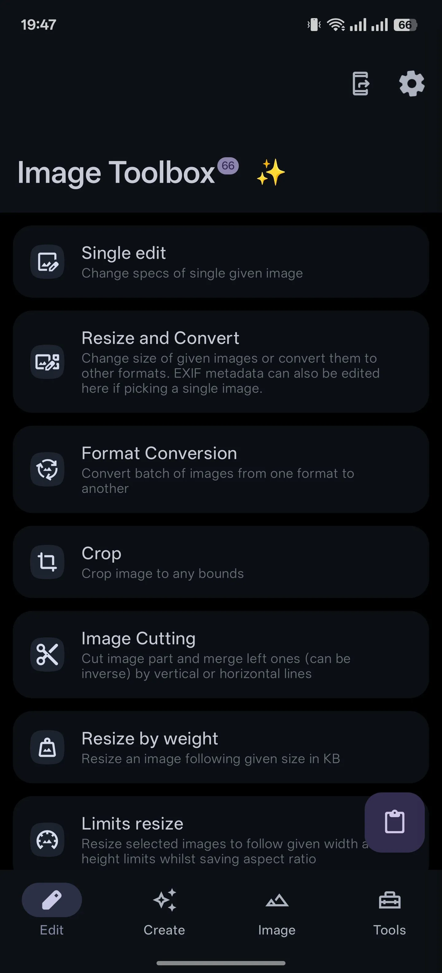 Giao diện chỉnh sửa trong ứng dụng Image Toolbox cho Android.