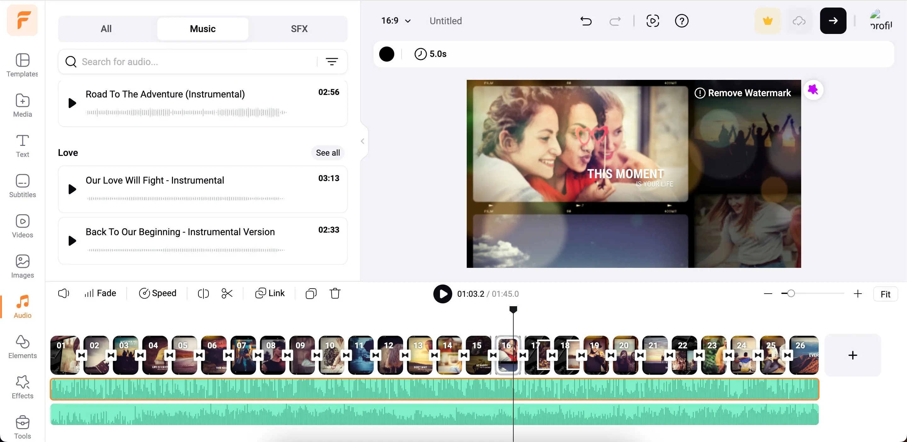 Giao diện chỉnh sửa video FlexClip, minh họa cách người dùng chọn và thêm nhạc nền từ thư viện có sẵn