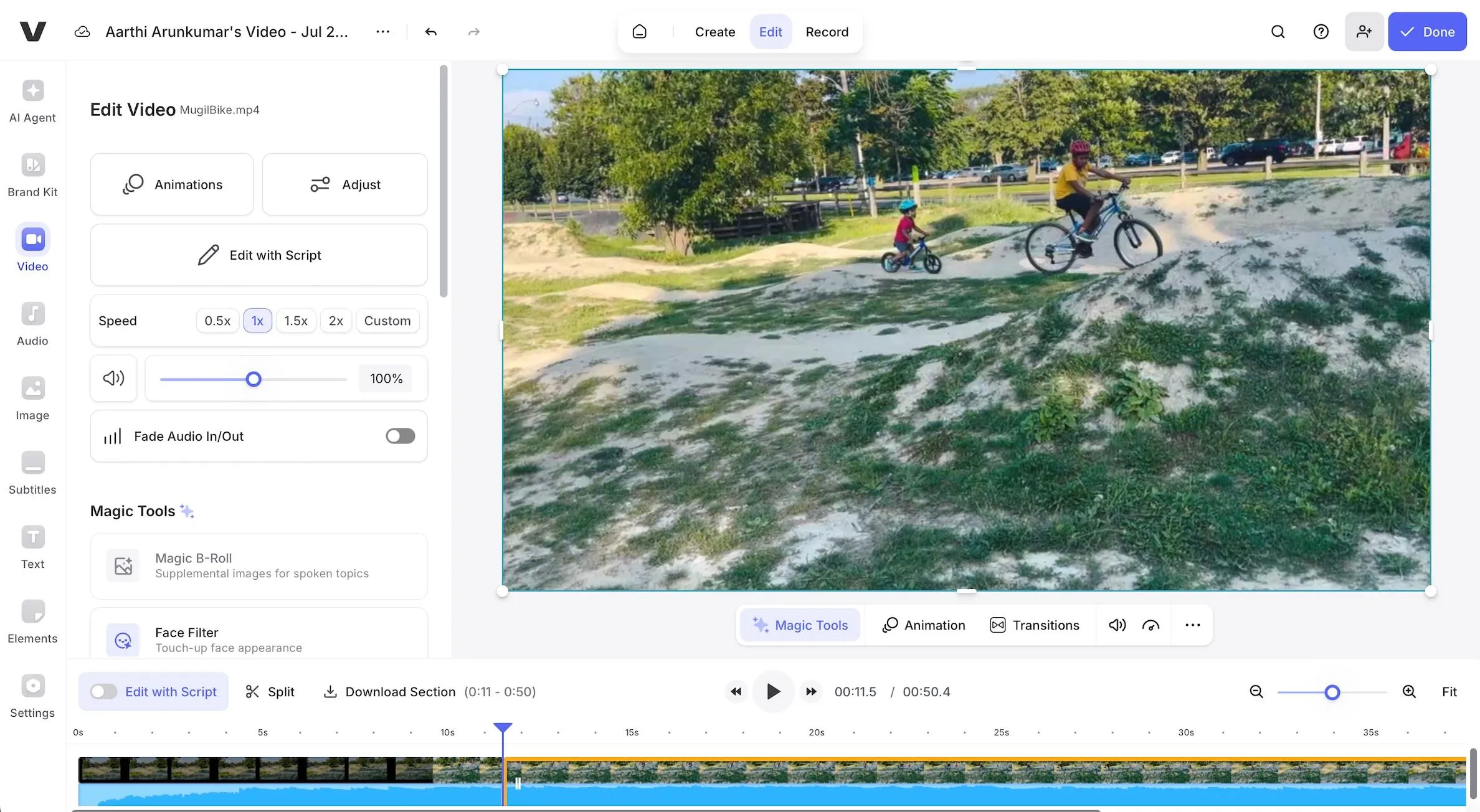Giao diện chỉnh sửa video trực tuyến trên nền tảng Veed.io, thể hiện các công cụ và timeline.
