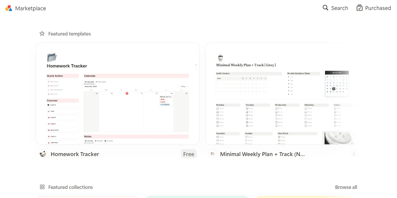Giao diện chợ mẫu trong Notion, nơi người dùng có thể tìm thấy hàng ngàn lựa chọn template