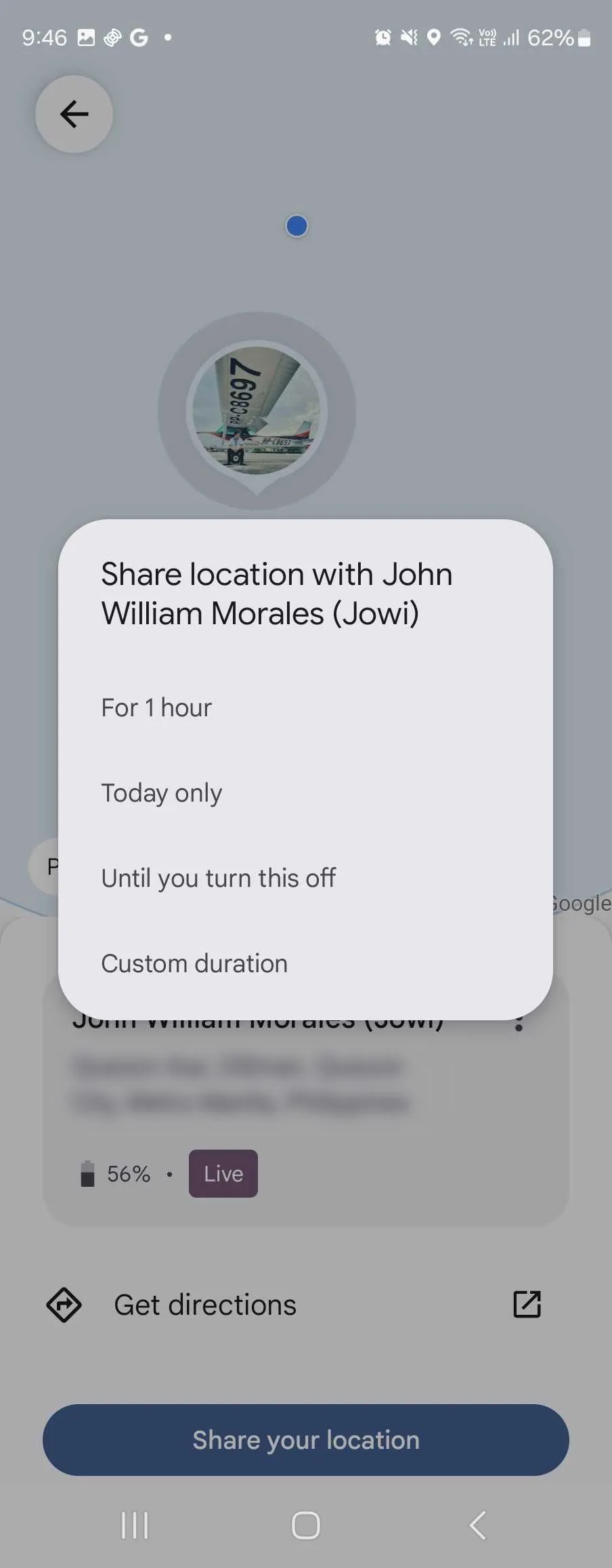 Giao diện chọn người để chia sẻ vị trí của bạn trong ứng dụng Find My Device