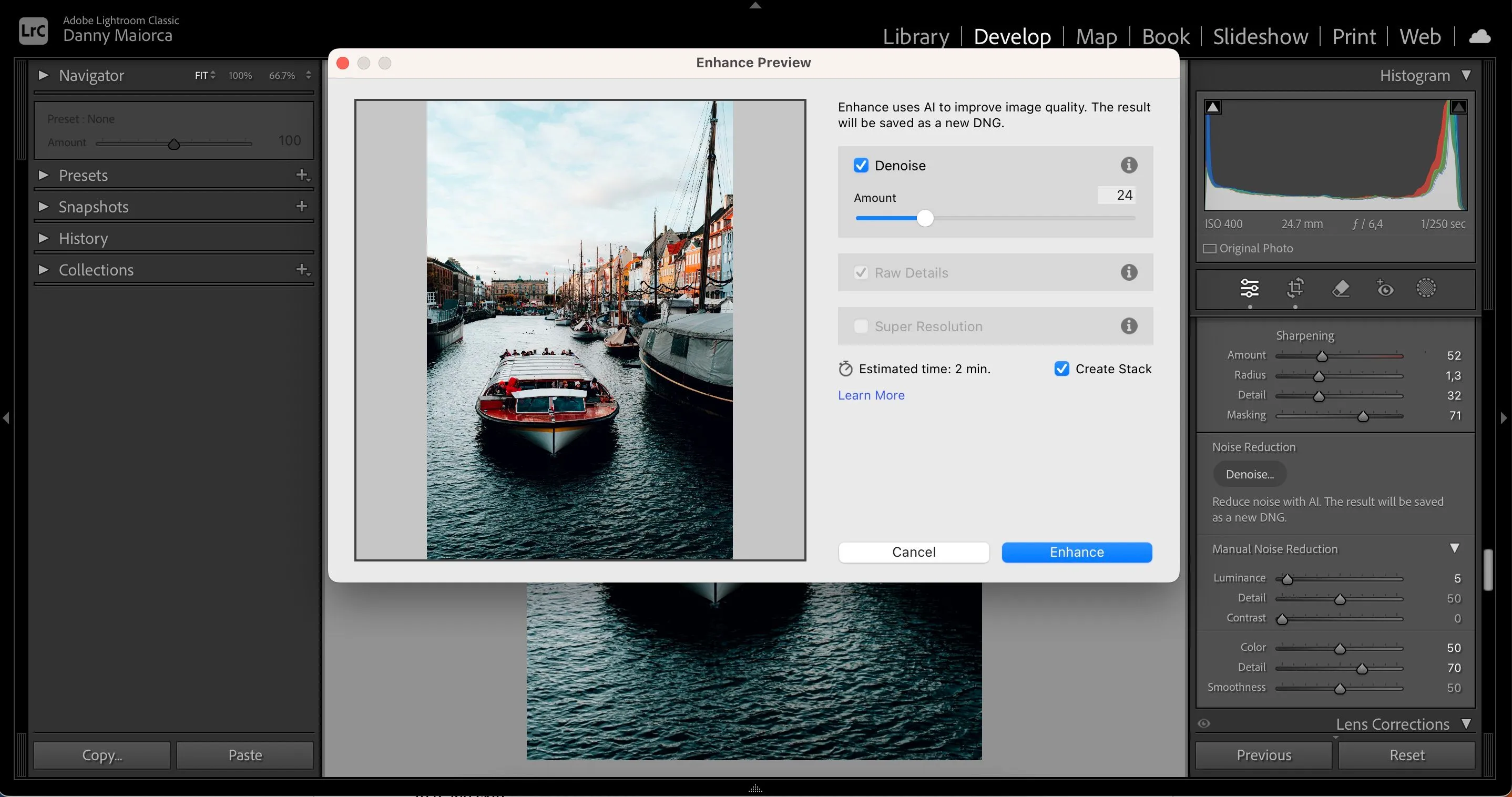 Giao diện công cụ Khử nhiễu AI (Denoise) trong Adobe Lightroom giúp cải thiện chất lượng ảnh.