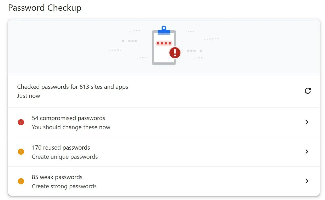 Giao diện công cụ kiểm tra mật khẩu mạnh yếu và bị lộ của Google Password Manager trong trình duyệt Chrome.