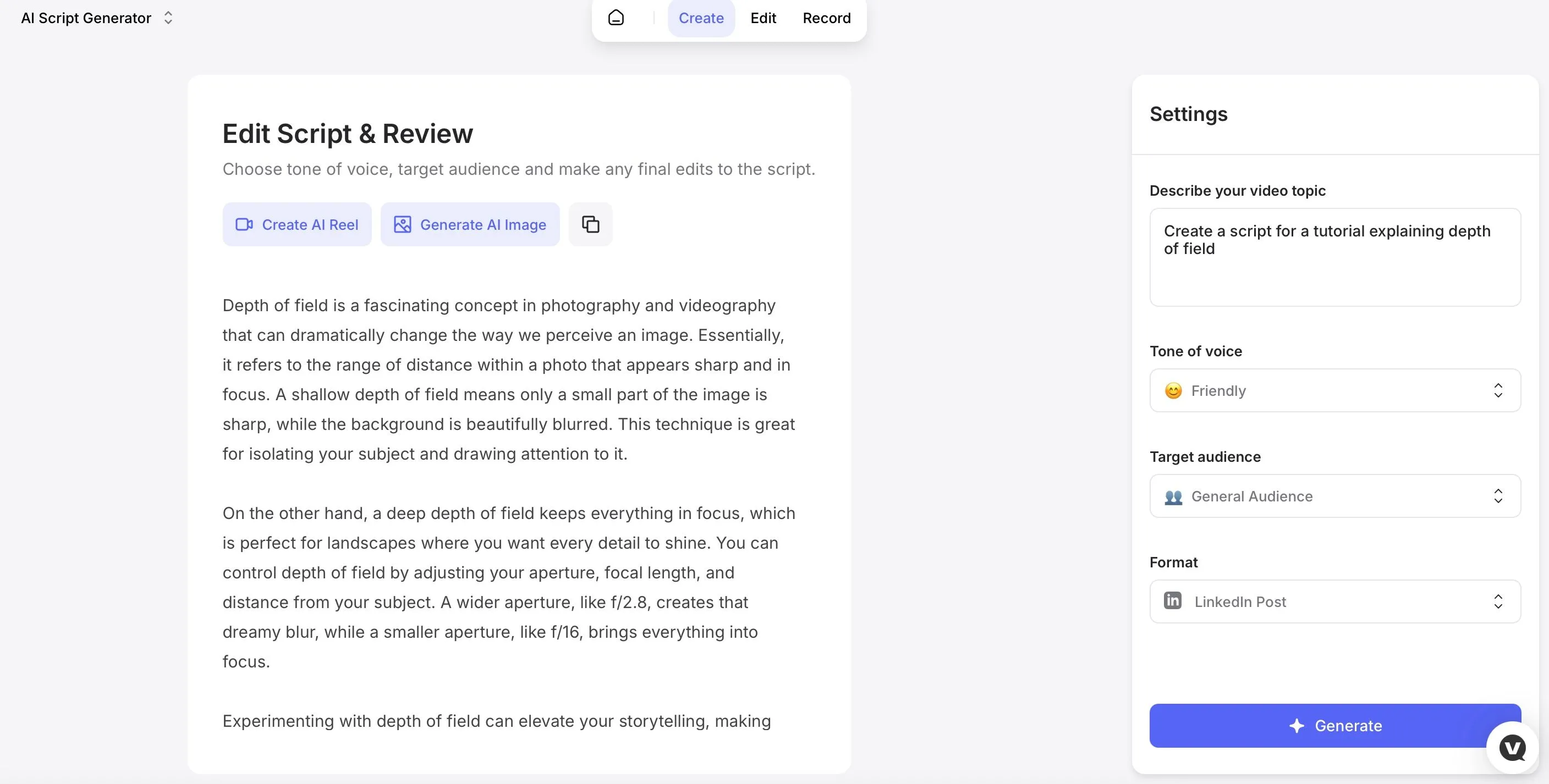 Giao diện công cụ tạo kịch bản video bằng AI của Veed.io, hiển thị các tùy chọn cài đặt tông giọng, đối tượng và định dạng.