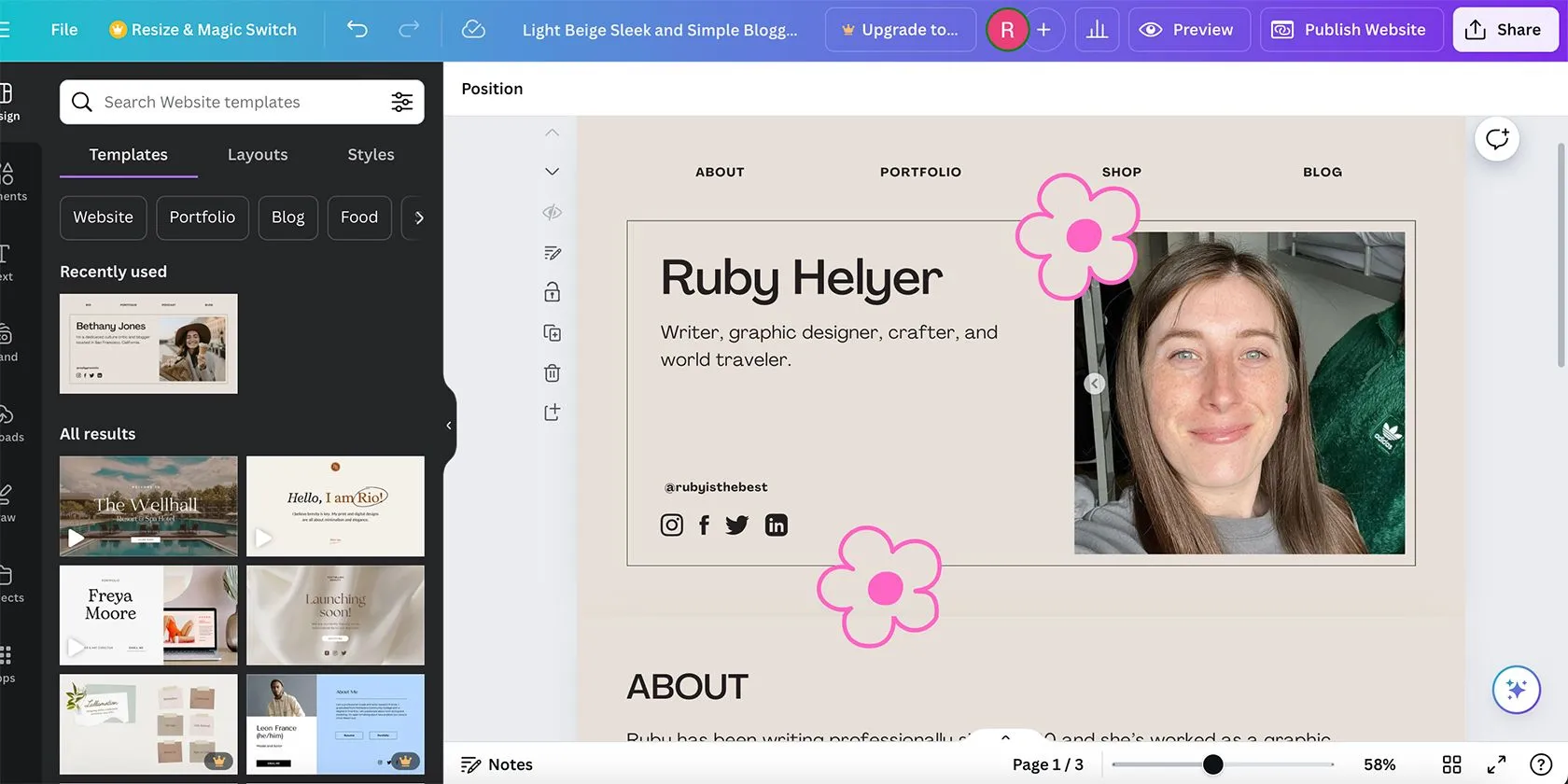 Giao diện công cụ xây dựng website Canva với các tùy chọn chỉnh sửa và kéo thả.