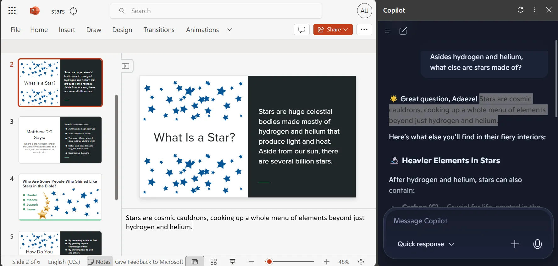 Giao diện Copilot tích hợp bên cạnh bài thuyết trình PowerPoint khi chỉnh sửa trên PowerPoint Online, cho thấy vị trí không mấy tự nhiên.