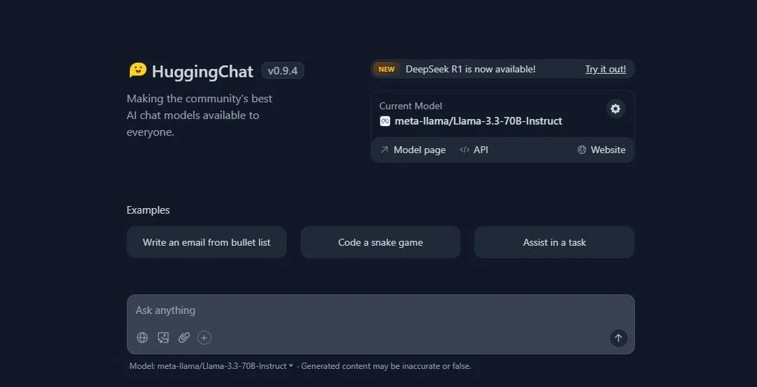 Giao diện của HuggingChat, một công cụ bên thứ ba tương tác với API OpenAI