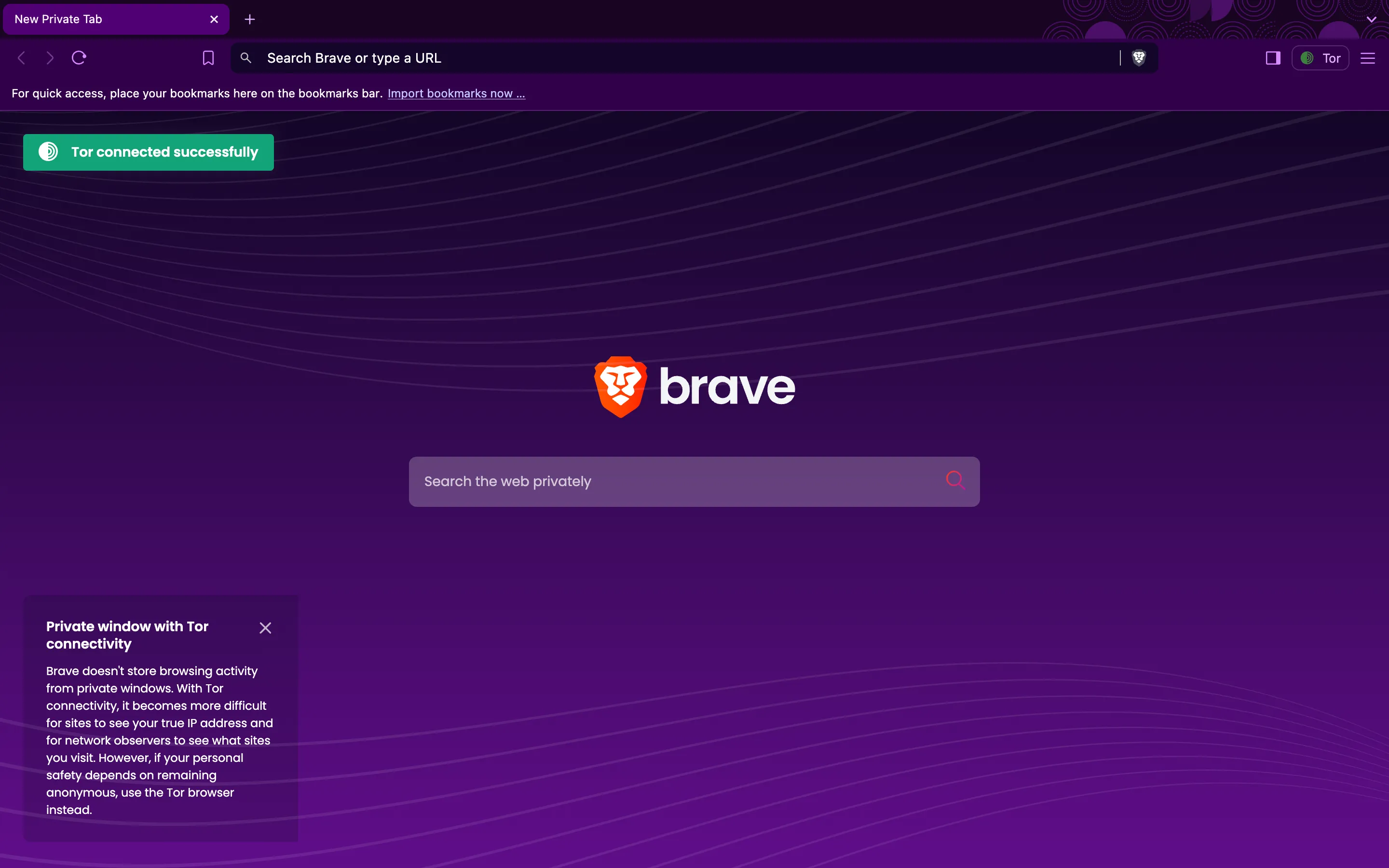 Giao diện cửa sổ riêng tư của trình duyệt Brave với chế độ Tor được kích hoạt