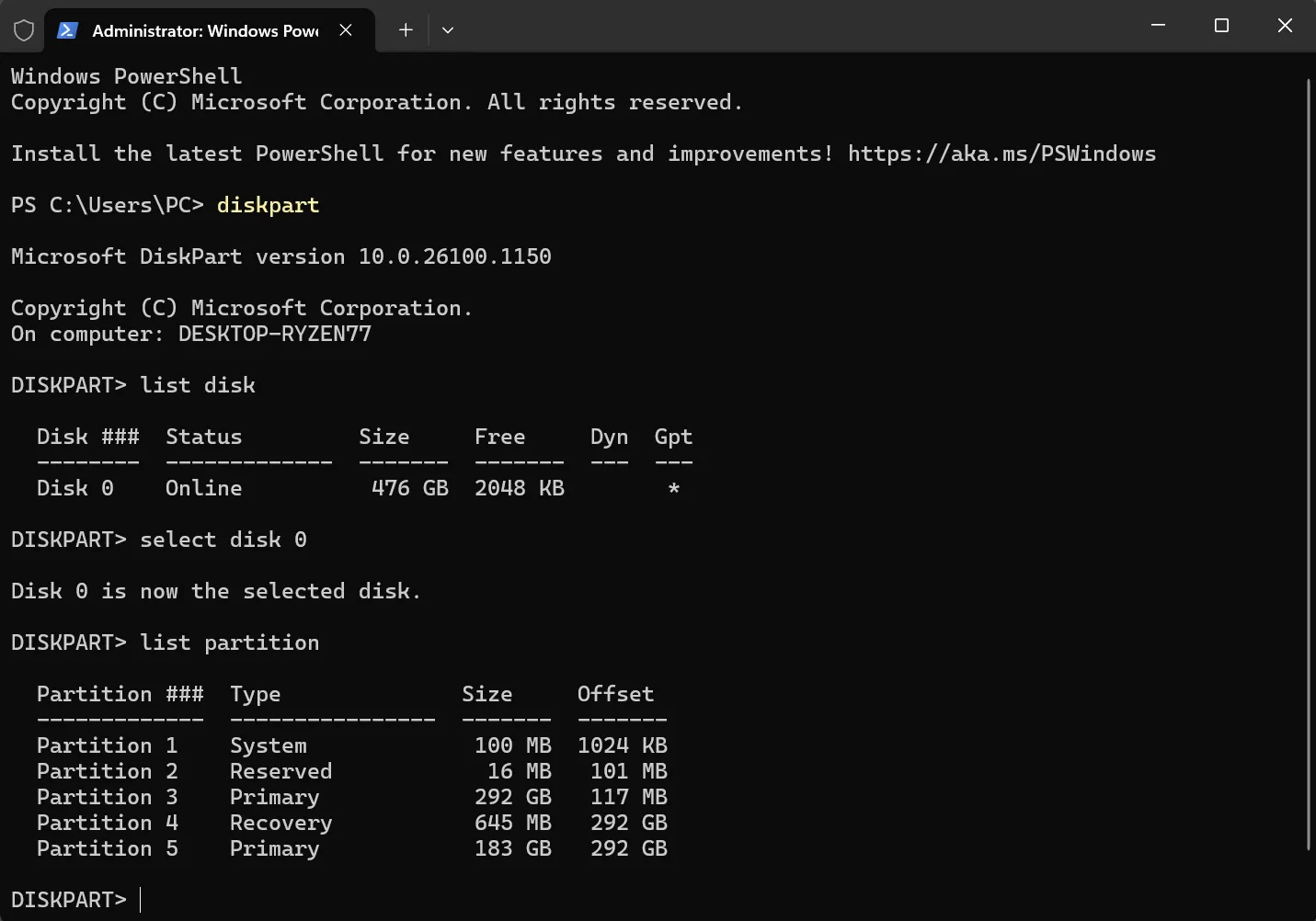 Giao diện cửa sổ Terminal với lệnh DiskPart hiển thị danh sách các phân vùng ổ đĩa trong Windows