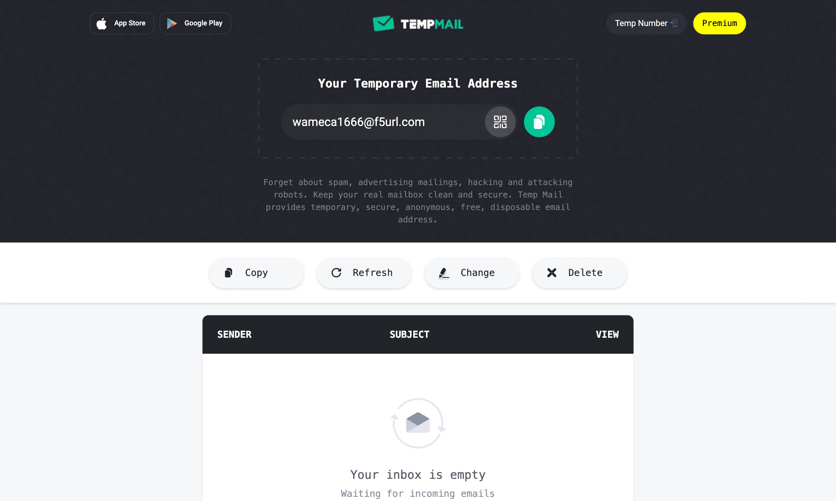 Giao diện của Temp Mail hiển thị địa chỉ email tạm thời được tạo sẵn, sẵn sàng để sử dụng.
