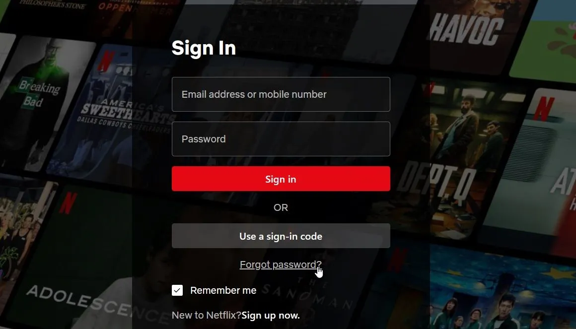Giao diện đăng nhập Netflix với tùy chọn Quên mật khẩu