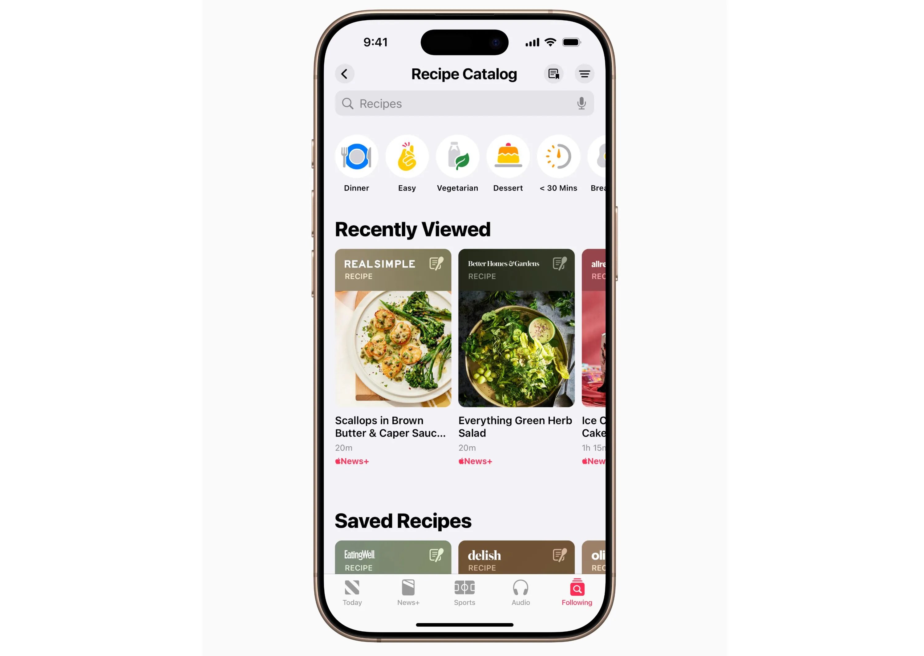 Giao diện danh mục công thức nấu ăn của Apple News+ Food trên iPhone