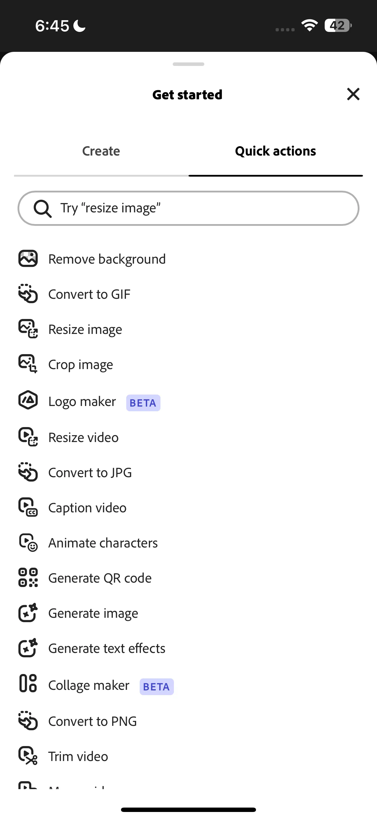 Giao diện danh sách các tính năng Quick Actions (Hành động nhanh) trong Adobe Express