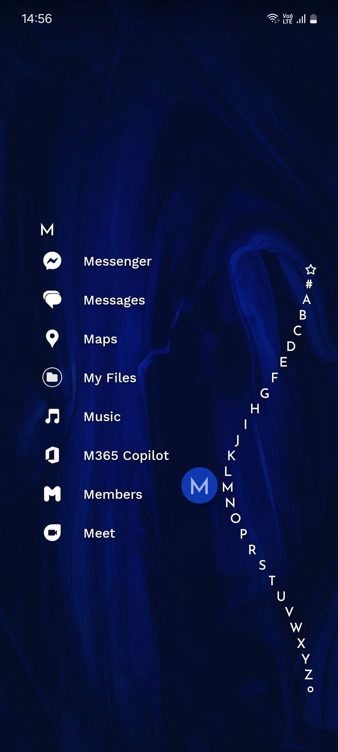 Giao diện danh sách ứng dụng theo chữ cái của Niagara Launcher