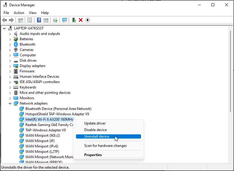 Giao diện Device Manager trên Windows 11 hiển thị tùy chọn &quot;Uninstall Device&quot; cho bộ điều hợp Wi-Fi, minh họa các bước gỡ cài đặt trình điều khiển để sửa lỗi Wi-Fi không hoạt động.