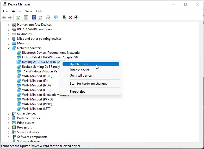 Giao diện Device Manager trên Windows 11 hiển thị tùy chọn "Update Driver" cho bộ điều hợp Wi-Fi Intel AX200, minh họa cách cập nhật trình điều khiển card mạng để khắc phục lỗi Wi-Fi biến mất.
