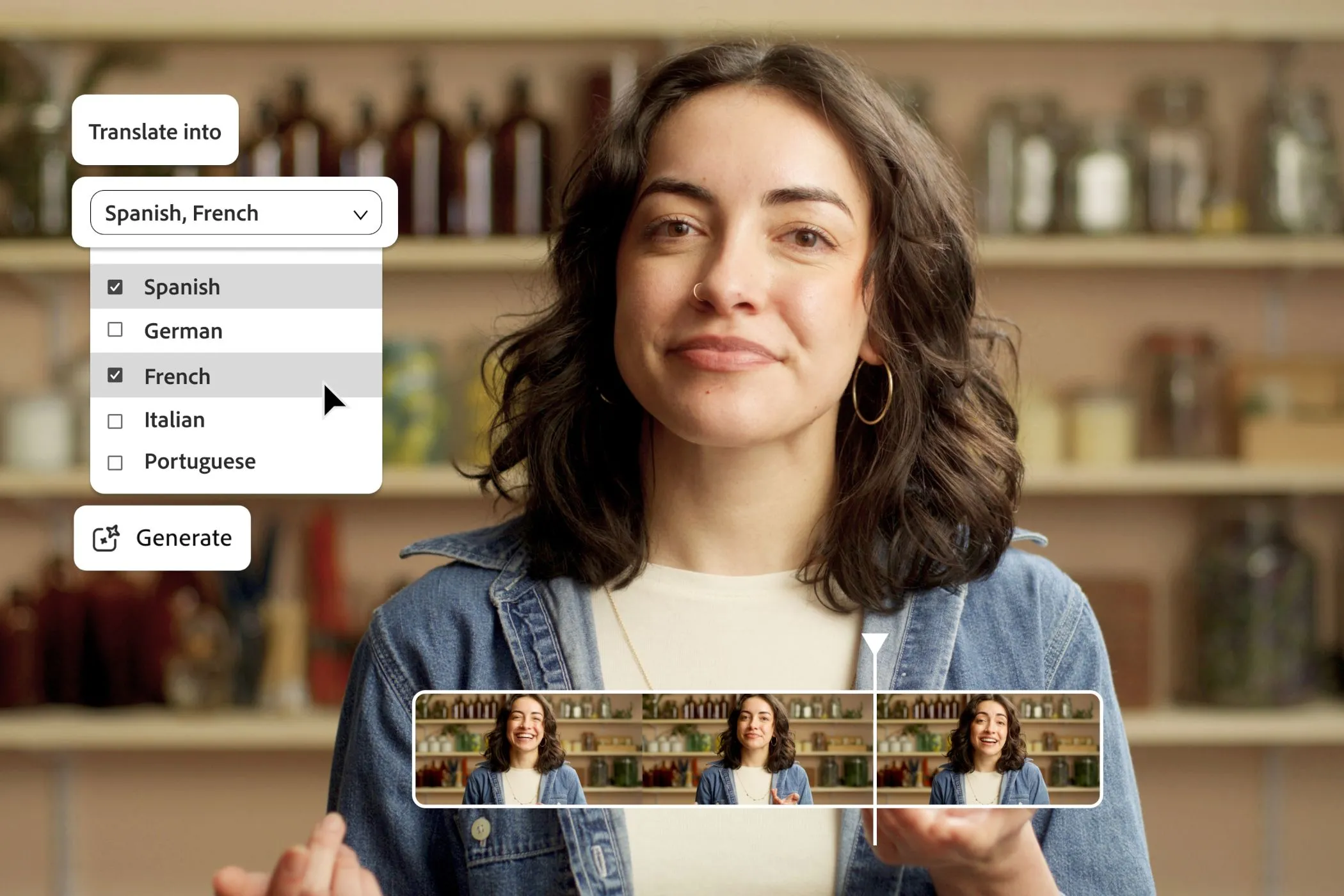 Giao diện dịch video AI của Adobe Firefly với tùy chọn ngôn ngữ
