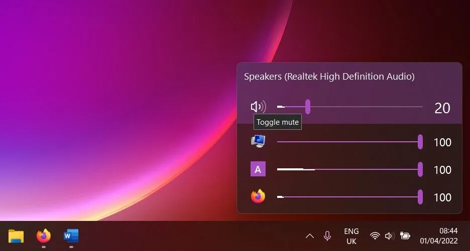 Giao diện điều khiển âm lượng từng ứng dụng của EarTrumpet trên Windows 11