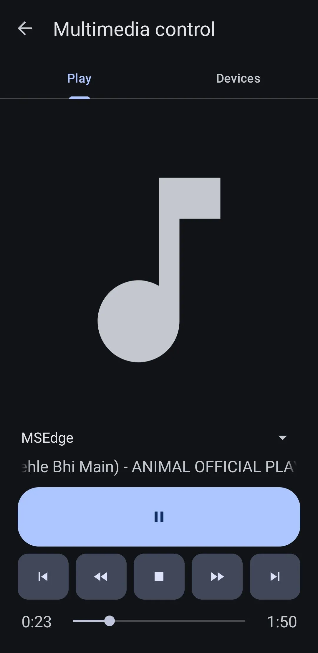 Giao diện điều khiển trình phát nhạc trên ứng dụng KDE Connect Android