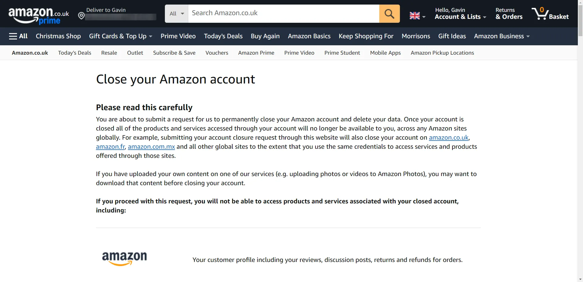 Giao diện đóng tài khoản Amazon, cho thấy khả năng vô hiệu hóa tài khoản liên kết với email alias khi phát hiện rò rỉ dữ liệu.