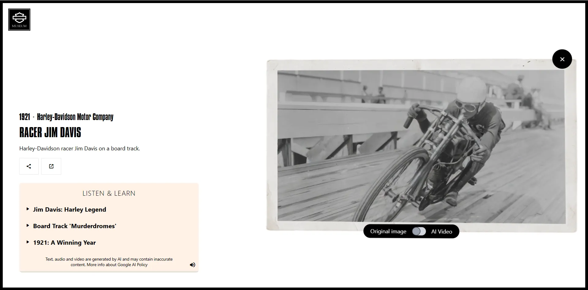 Giao diện dự án Moving Archives của Google Arts & Culture, hiển thị ảnh lịch sử Harley-Davidson được AI làm động kèm chú thích