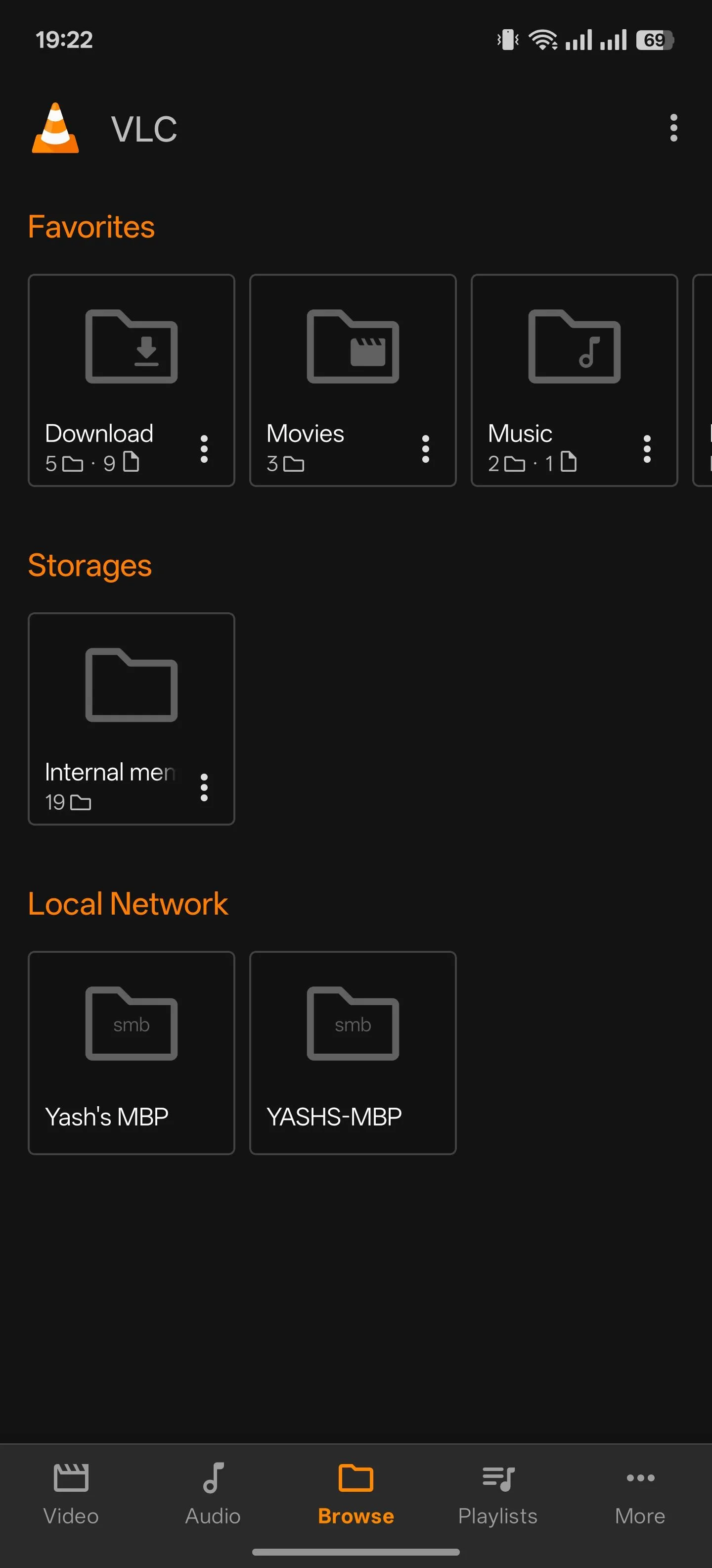 Giao diện duyệt tệp của ứng dụng VLC cho Android.