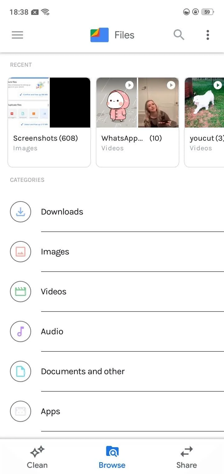 Giao diện duyệt tệp và chia sẻ của ứng dụng Files Go