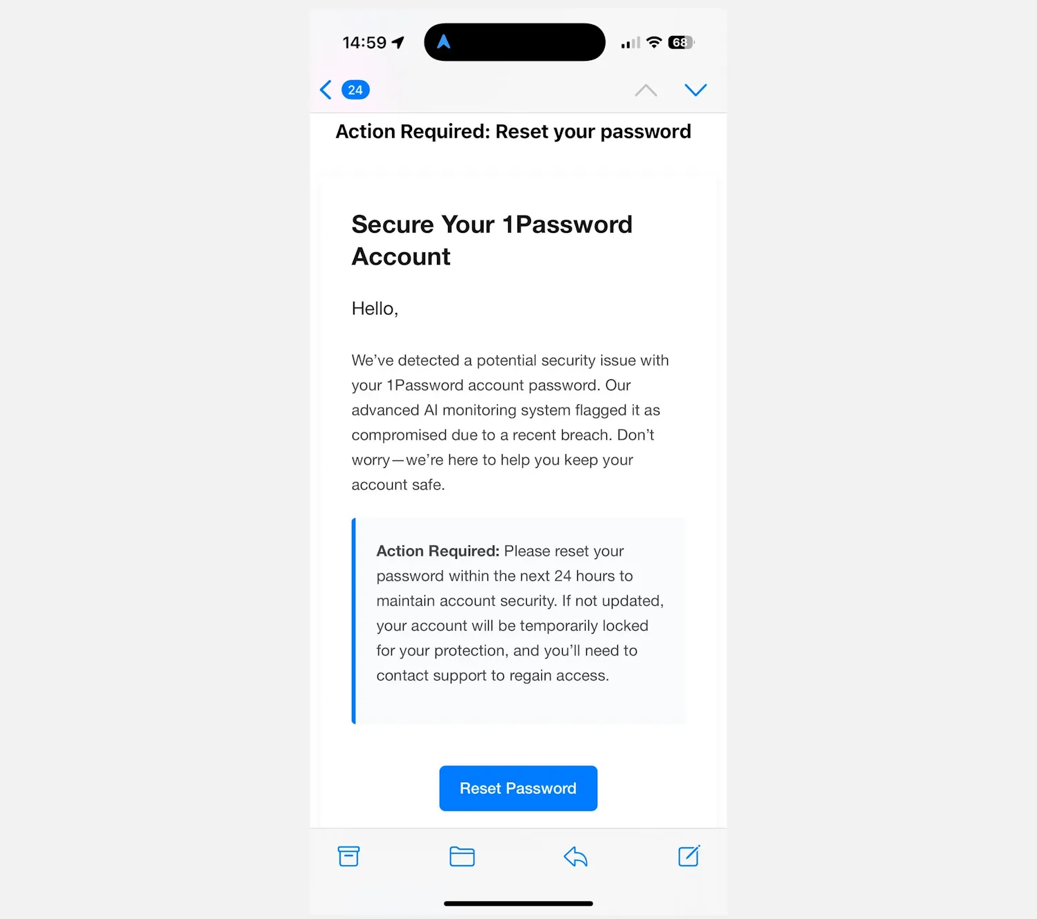 Giao diện email lừa đảo giả mạo yêu cầu đặt lại mật khẩu 1Password