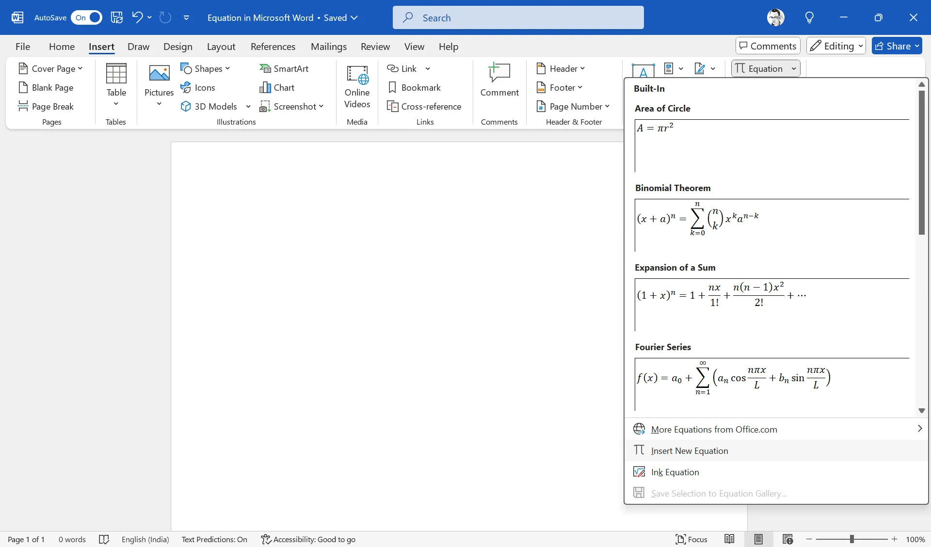 Giao diện Equation Editor trong Microsoft Word