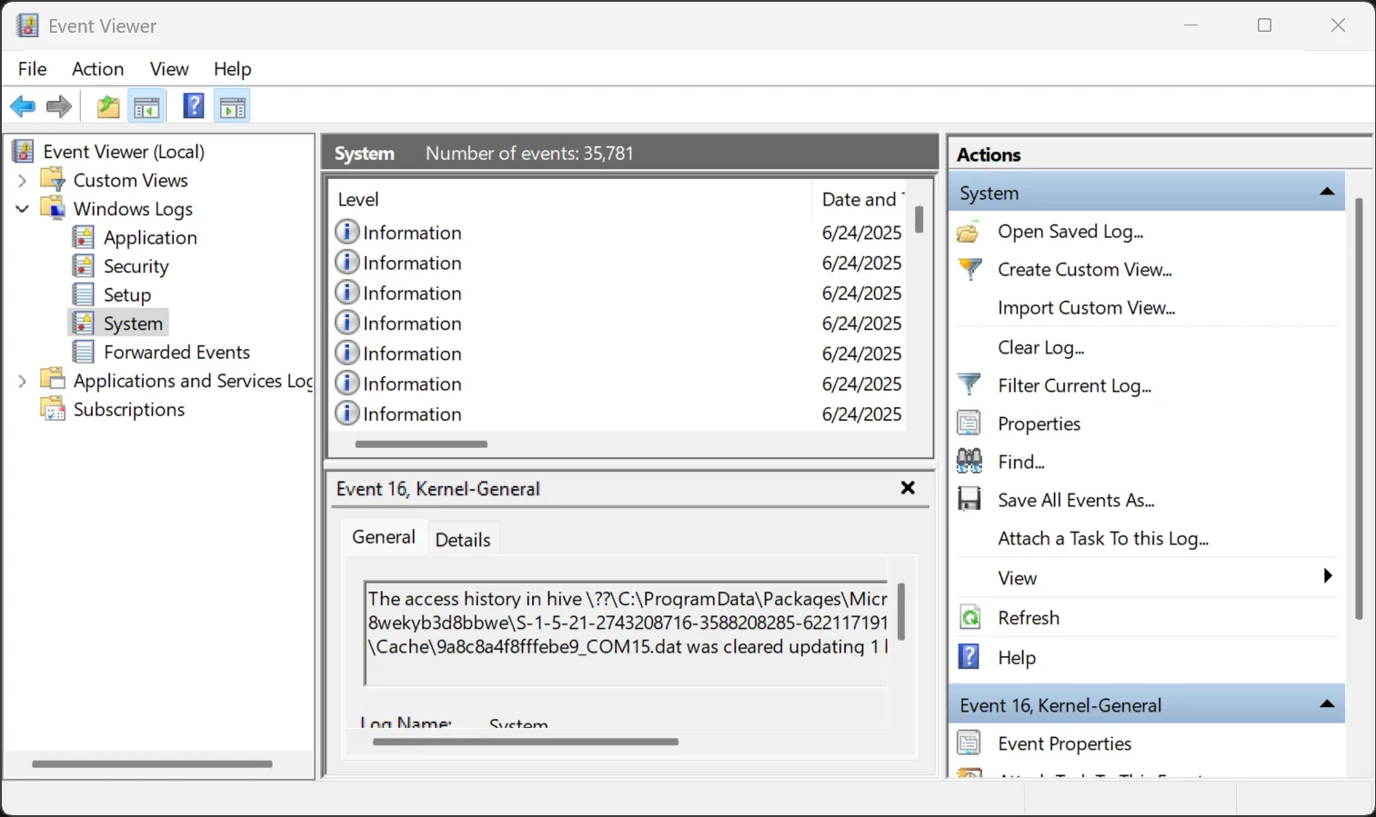 Giao diện Event Viewer hiển thị các cảnh báo sức khỏe ổ cứng từ S.M.A.R.T. trong nhật ký hệ thống Windows.