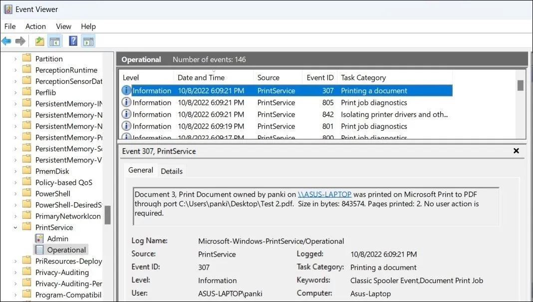 Giao diện Event Viewer hiển thị chi tiết nhật ký các tài liệu đã in trên Windows
