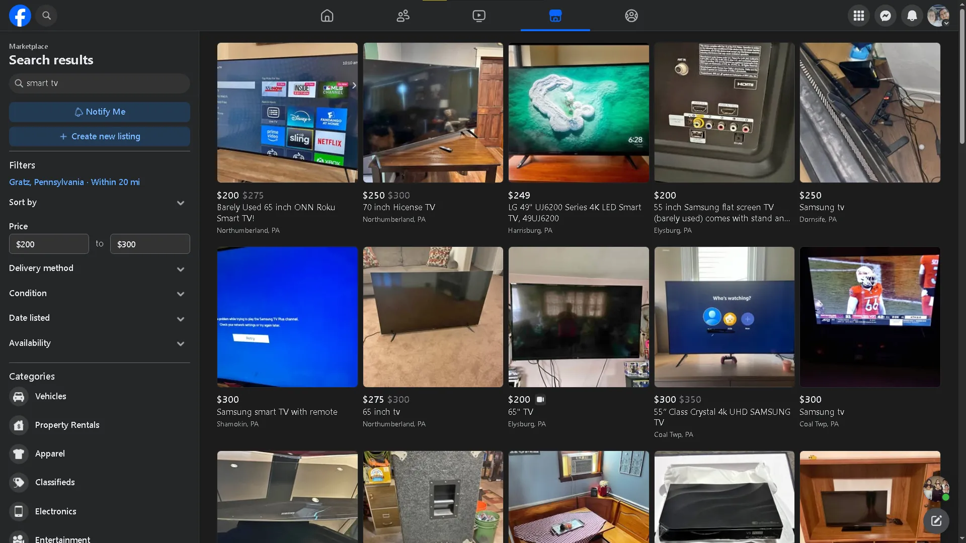 Giao diện Facebook Marketplace hiển thị kết quả tìm kiếm Smart TV đang rao bán tại địa phương