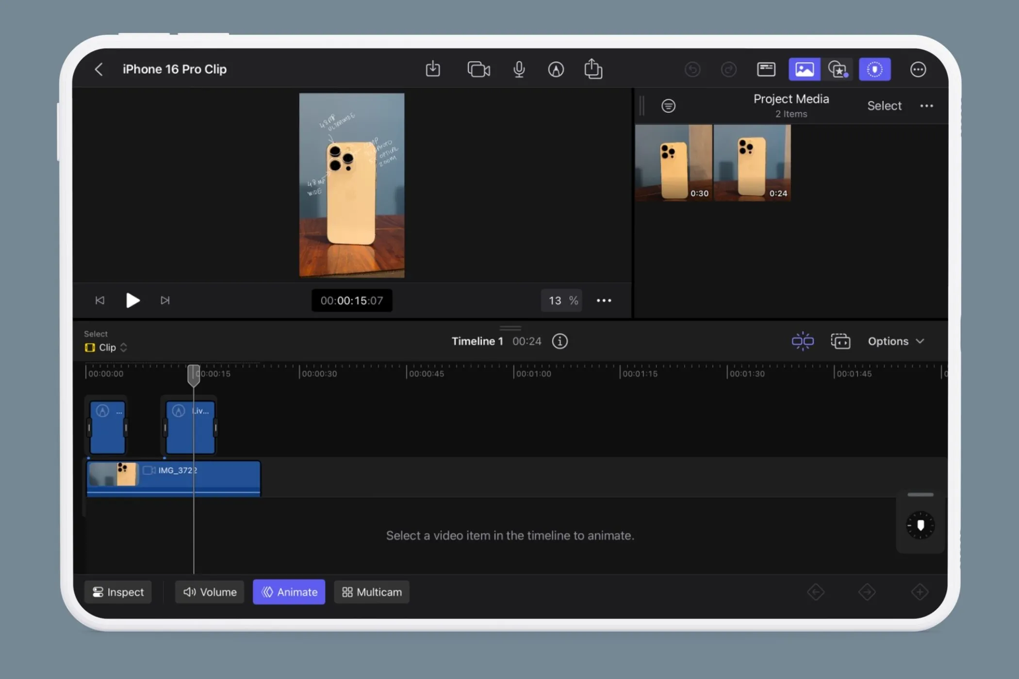 Giao diện Final Cut Pro trên iPad hiển thị timeline video và biểu tượng Live Drawing