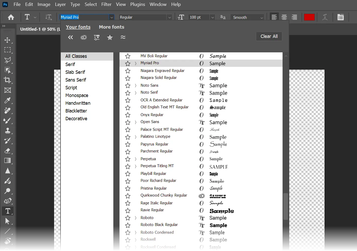 Giao diện Font Browser trong Adobe Photoshop với các tùy chọn lọc và xem trước font chữ