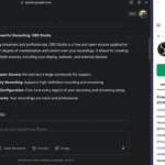 Giao diện Gemini gợi ý tải OBS Studio với liên kết đến Softonic đang mở
