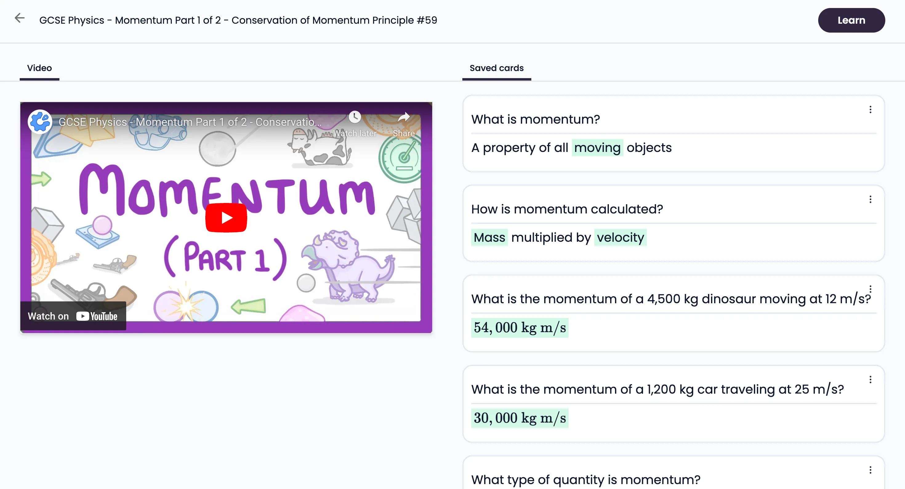 Giao diện Gizmo hiển thị flashcard được tạo từ video YouTube về Momentum