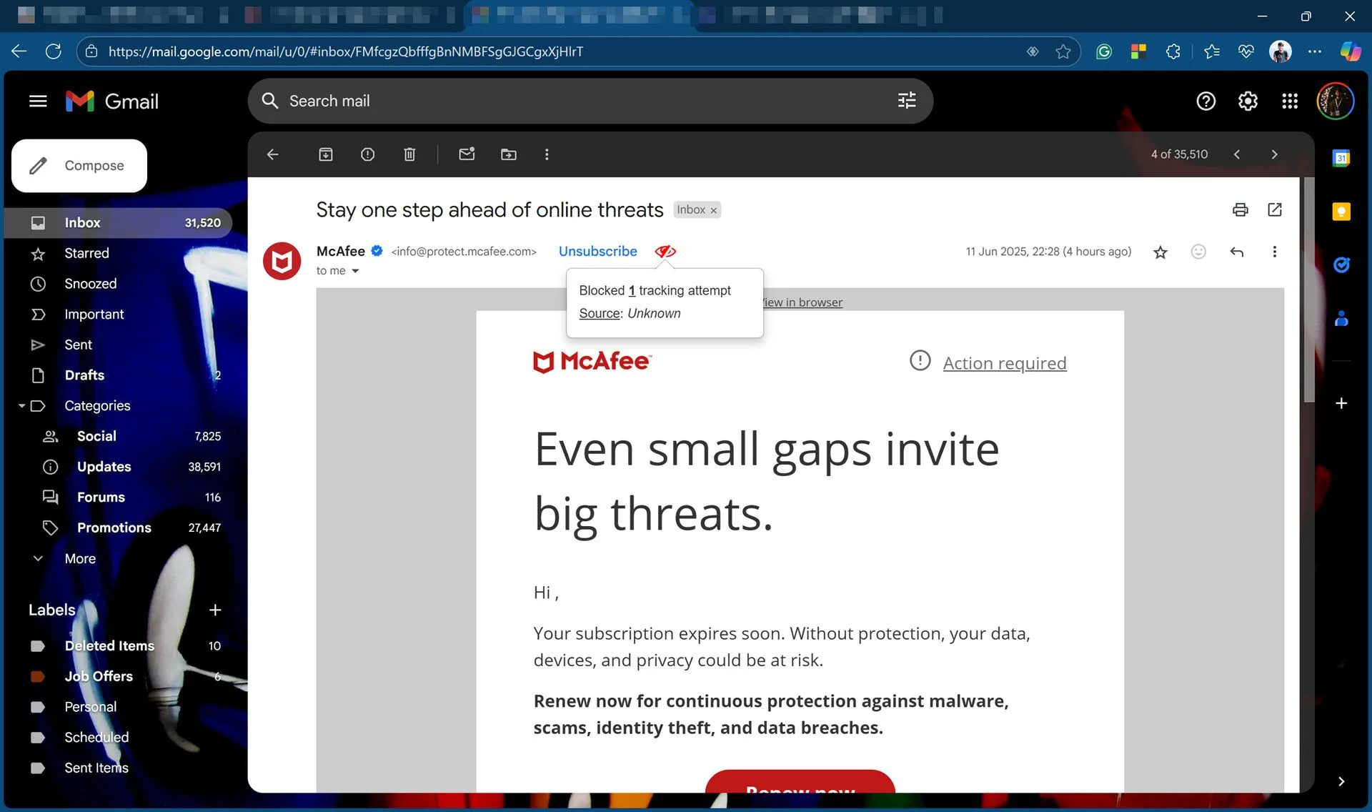 Giao diện Gmail hiển thị biểu tượng mắt đỏ của tiện ích PixelBlock khi chặn pixel theo dõi email