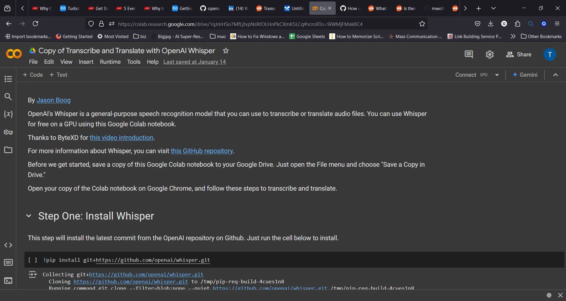 Giao diện Google Colab hướng dẫn cách sử dụng OpenAI Whisper để phiên âm trực tuyến