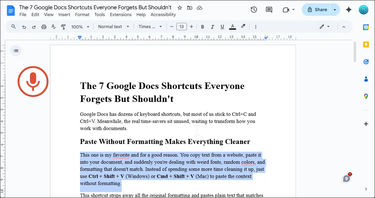 Giao diện Google Docs đang bật tính năng gõ bằng giọng nói để nhập liệu