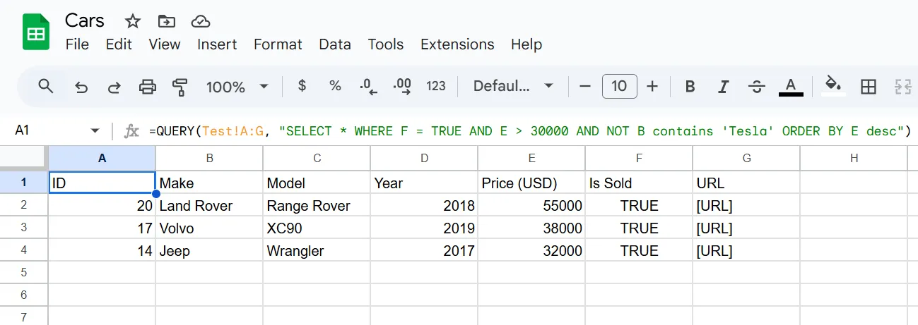 Giao diện Google Sheets hiển thị công thức QUERY phức tạp với nhiều điều kiện lọc và sắp xếp trên một trang tính trống