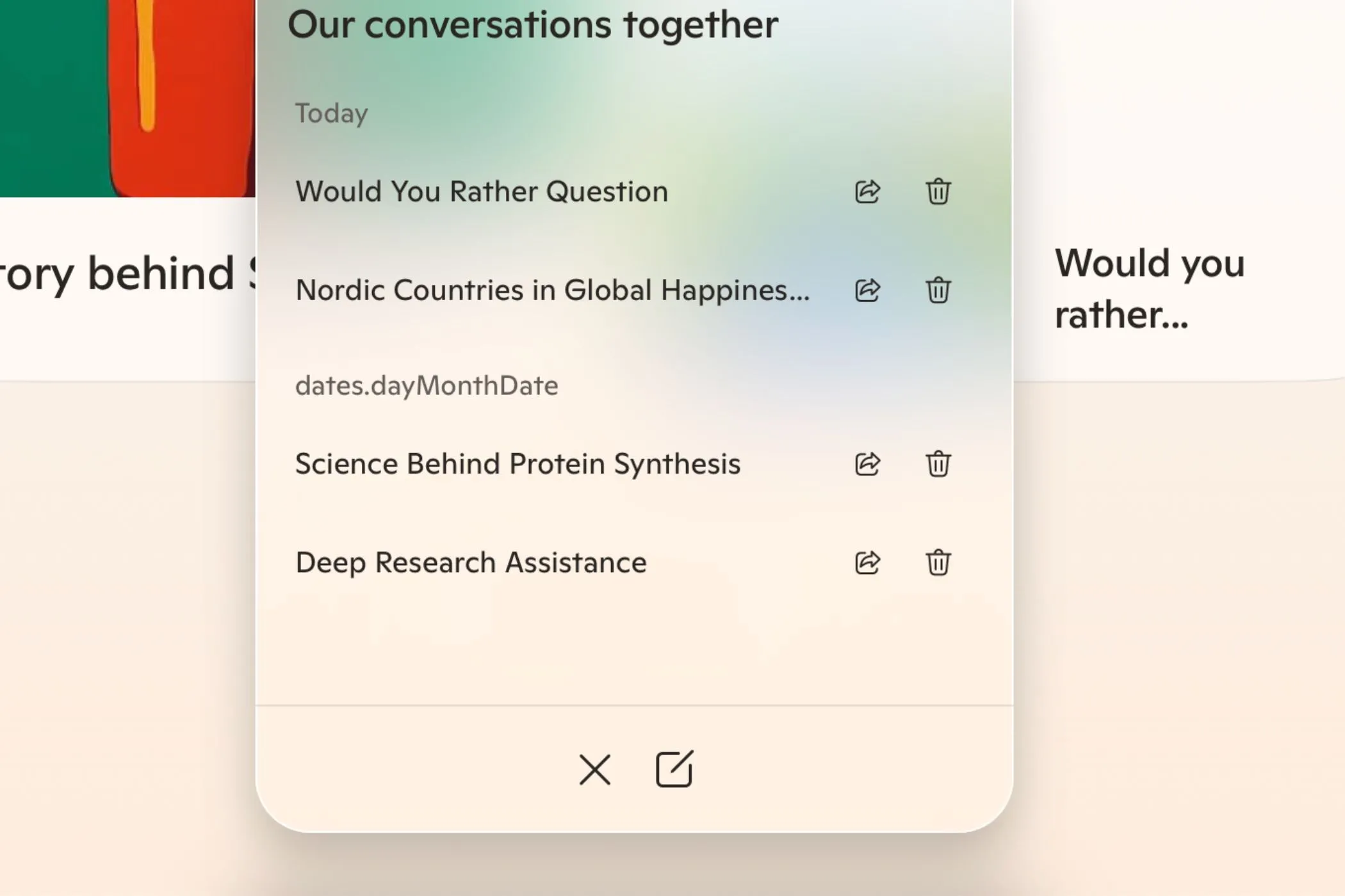 Giao diện hiển thị danh sách cuộc trò chuyện cũ trong Microsoft Copilot