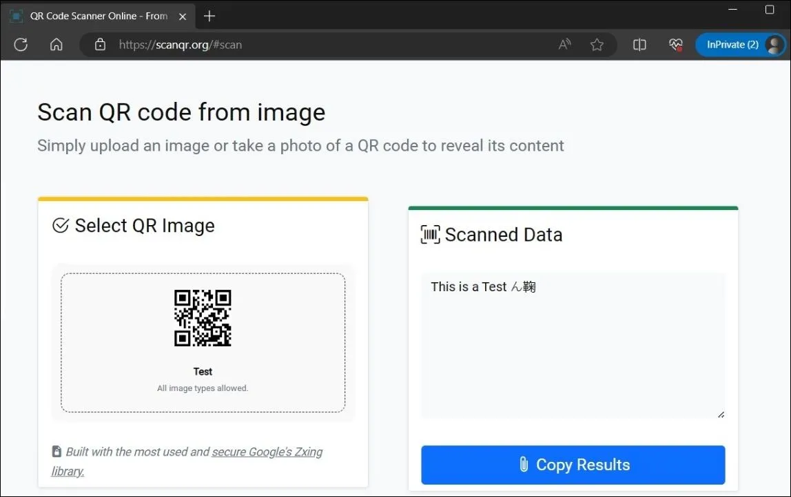 Giao diện hiển thị dữ liệu đã quét được từ mã QR trên trang web ScanQR.org.