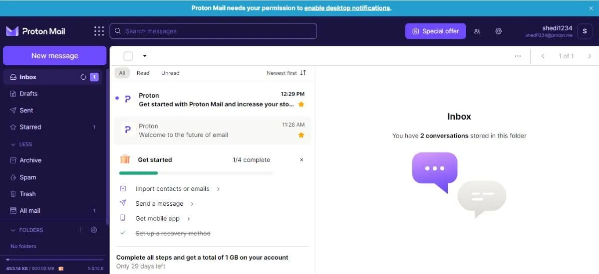 Giao diện hộp thư đến hiện đại và đẹp mắt của Proton Mail