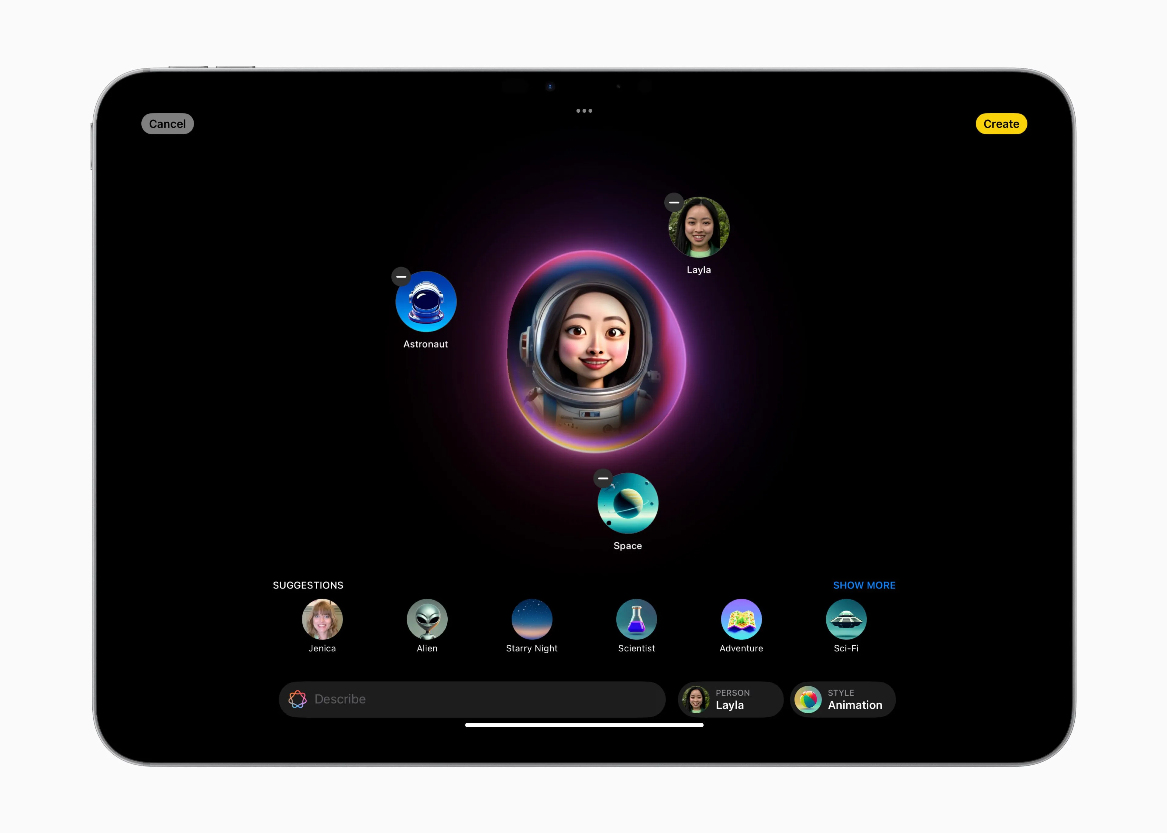 Giao diện Image Playground của Apple Intelligence trên iPad, minh họa khả năng tạo hình ảnh và emoji tùy chỉnh bằng AI.